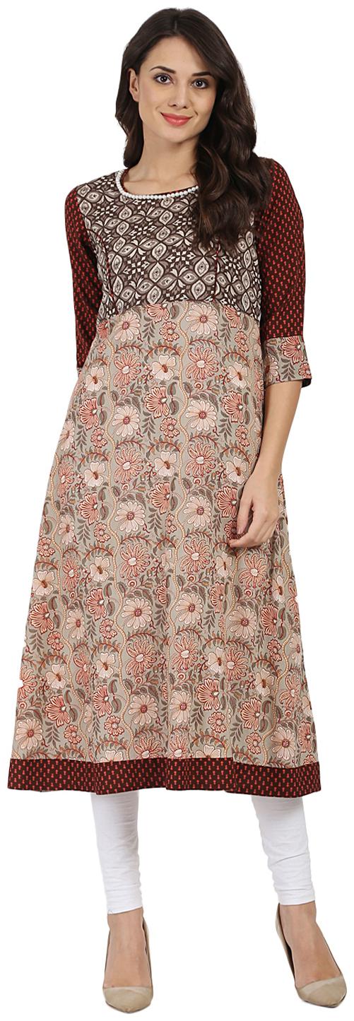 

Nayo Brown Printed 3 4th Sleeve Cotton A-Line Kurta