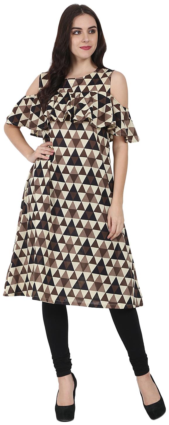 

Nayo Brown Printed Half Sleeve Cold Shoulder Cotton A-Line Kurta