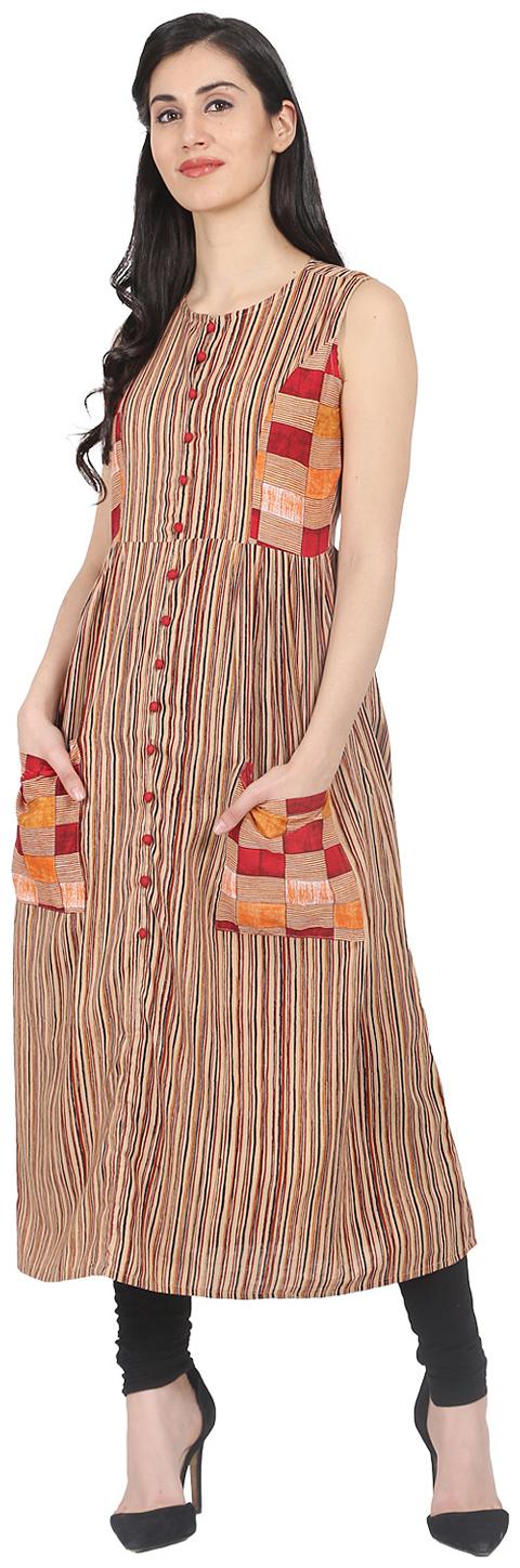 

Nayo Brown Striped Sleeveless Cotton Double Pocket Maxi Kurti Dress