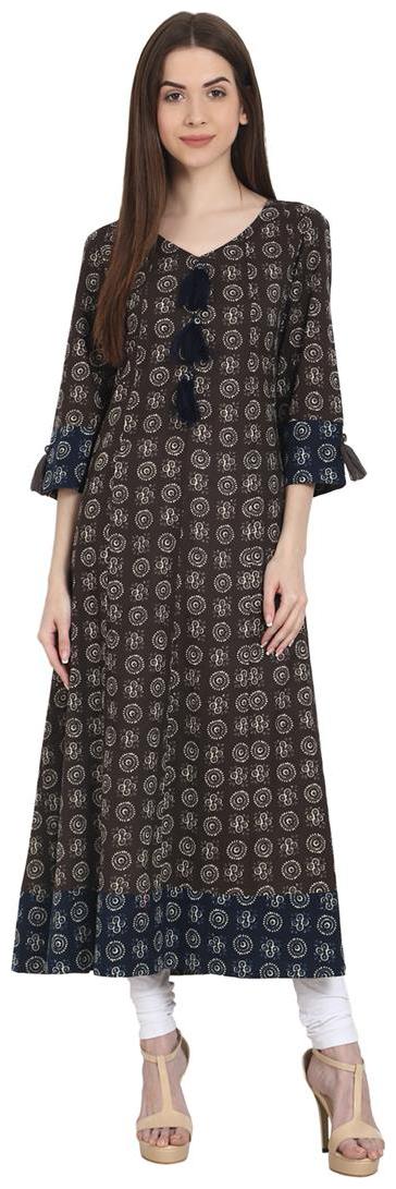 

Nayo Coffee Brown Printed 3 4 Sleeve Cotton A-Line Kurta