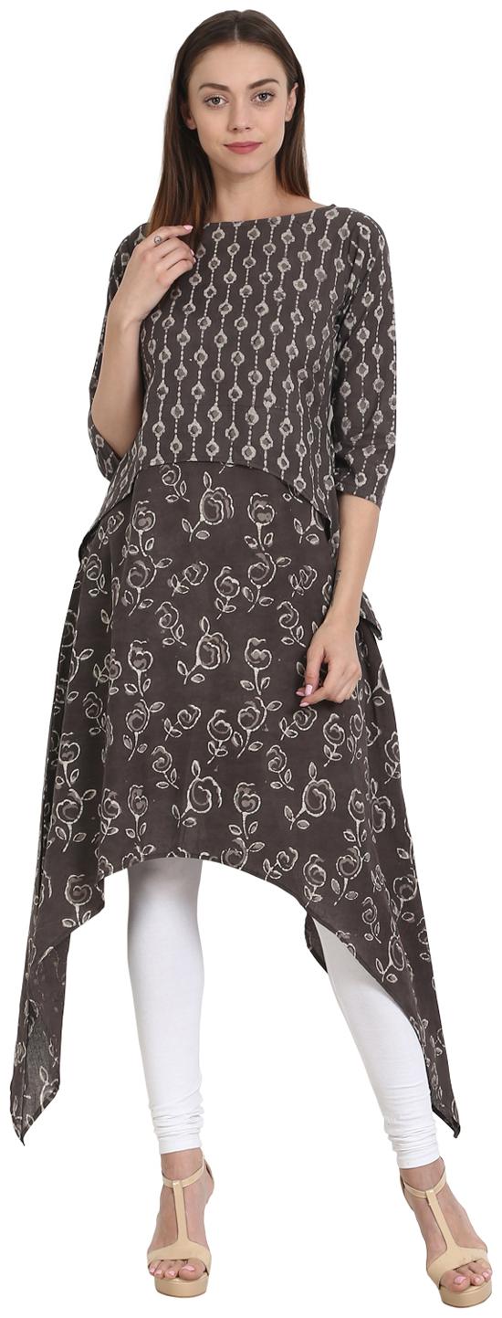 

Nayo Coffee Printed 3 4 Sleeve Cotton Assymetric Kurta