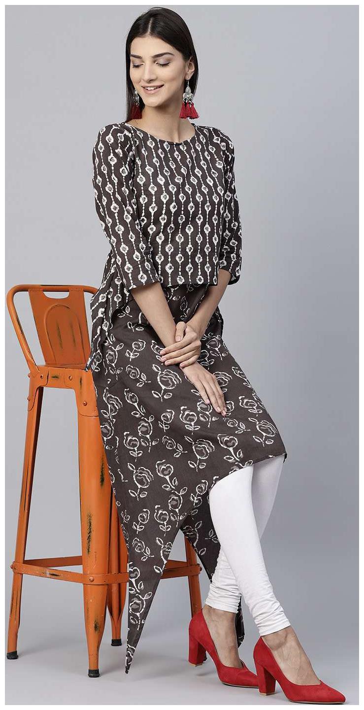 

Nayo Coffee Printed 3 4 Sleeve Cotton Assymetric Kurta