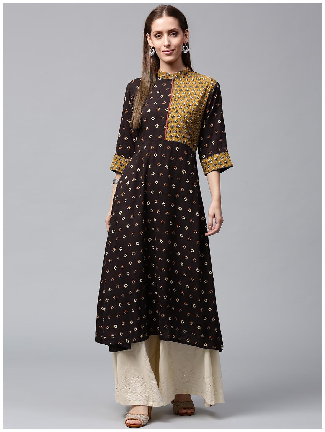 

Nayo Coffee Brown Printed 3 4th Sleeve Rayon A-Line Kurta
