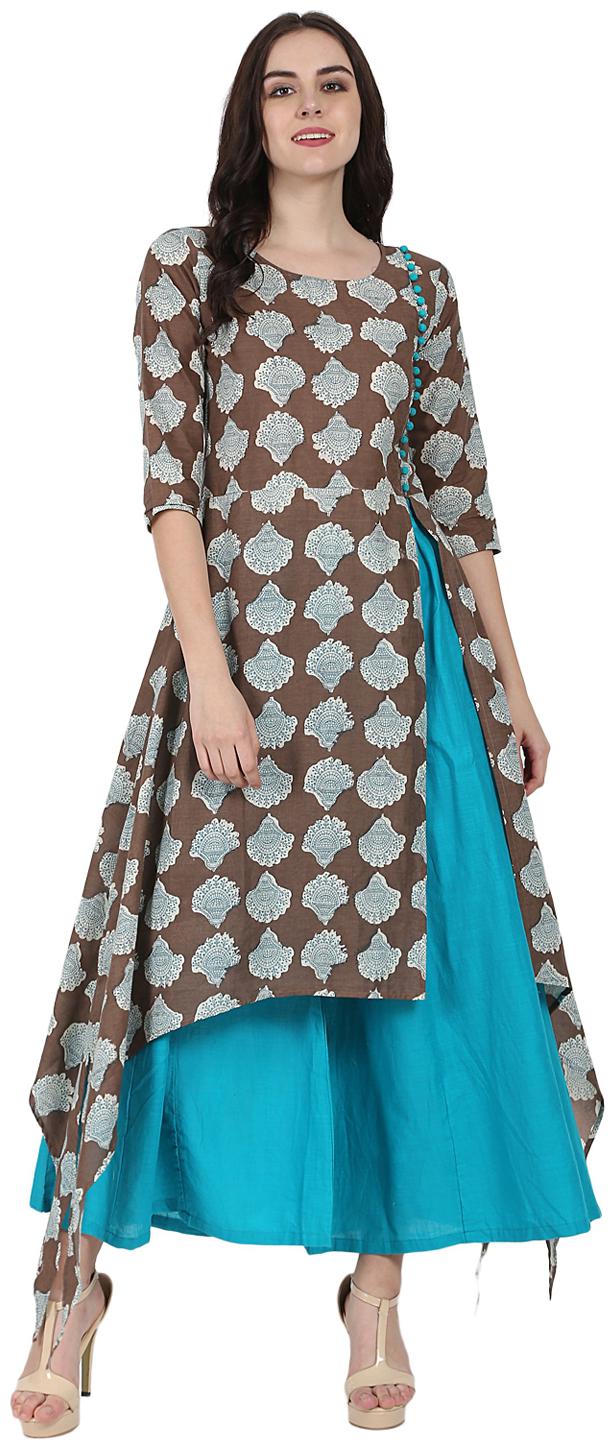 

Nayo Coffee Brown Printed Half Sleeve Cotton Low High Kurta With Blue Flared Skirt