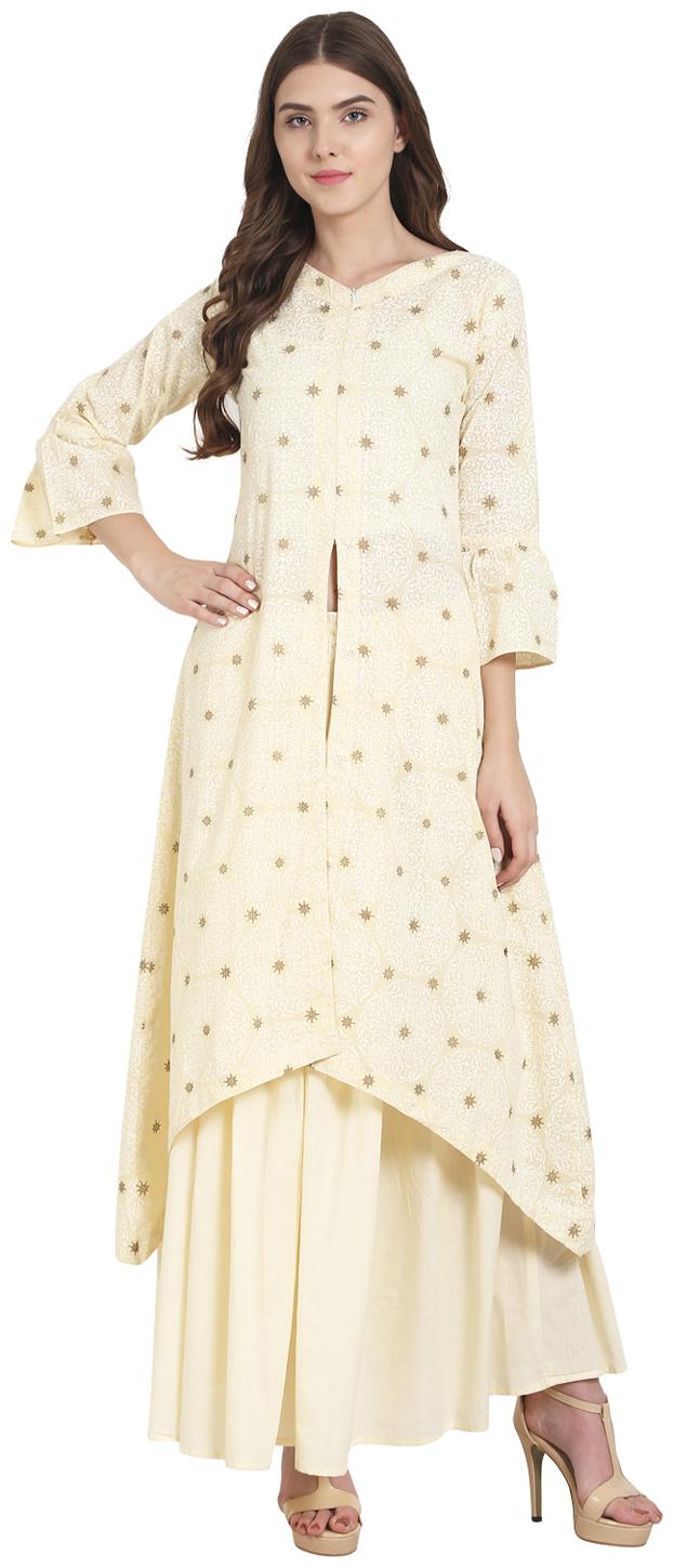

Nayo Cream Printed Cotton A-Line Kurta With Front Slit And Solid Cream Anarkali Skirt
