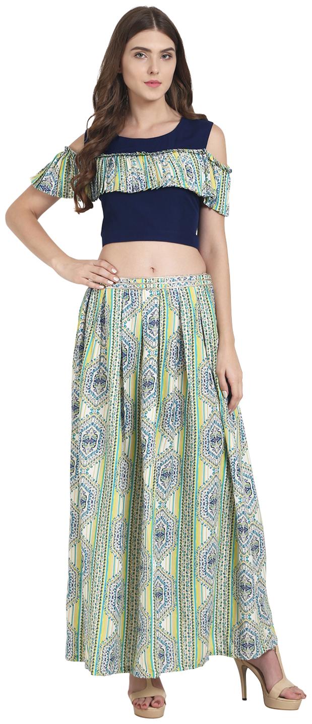 

Nayo Crepe Solid Blue Crop Top With Rayon Printed Box Pleated Skirt