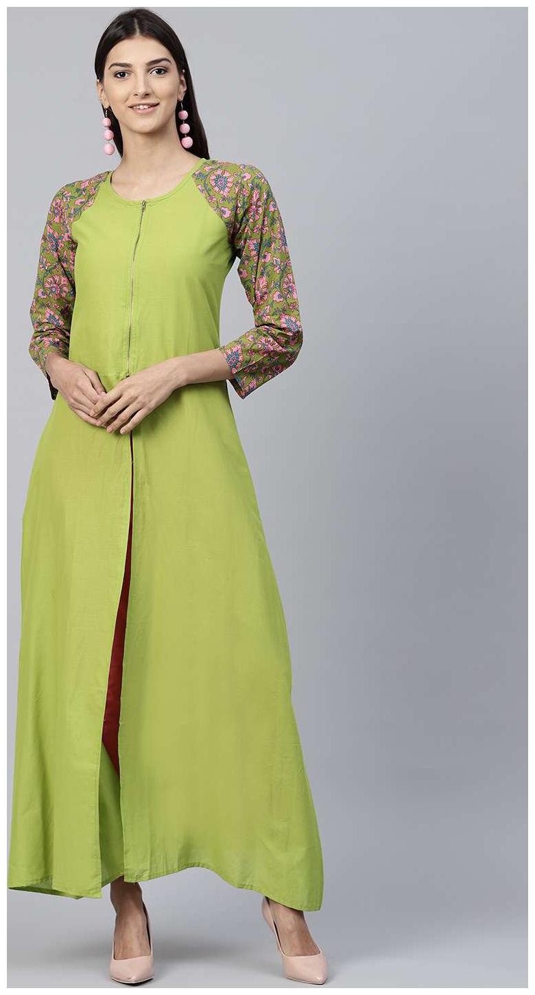 

Nayo Green 3 4 Sleeve Cotton A-Line Kurta With Front Cut