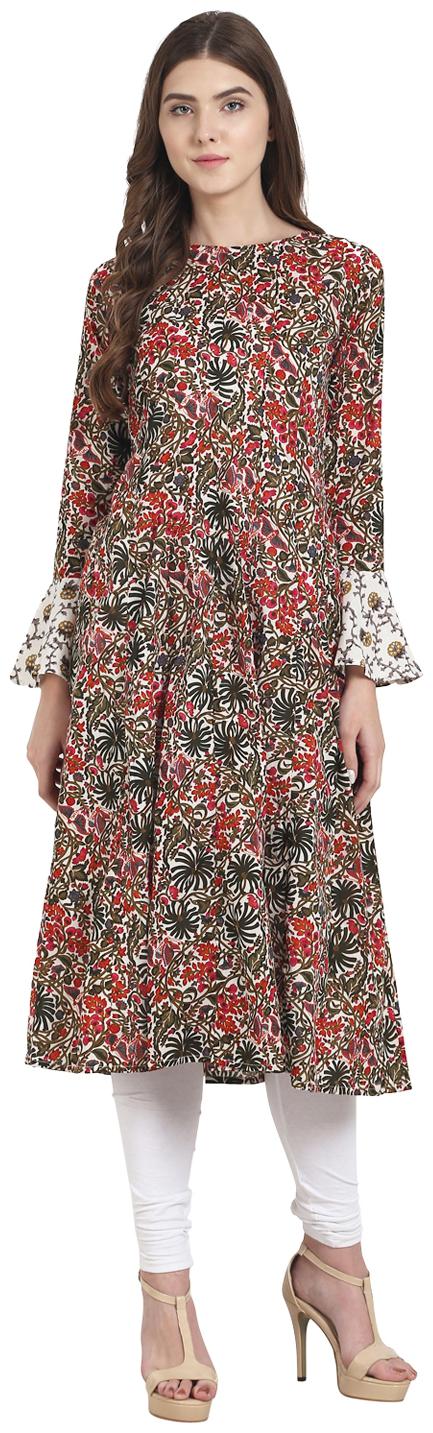 

Nayo Green And Red Printed Full Sleeve Cotton Anarkali Kurta
