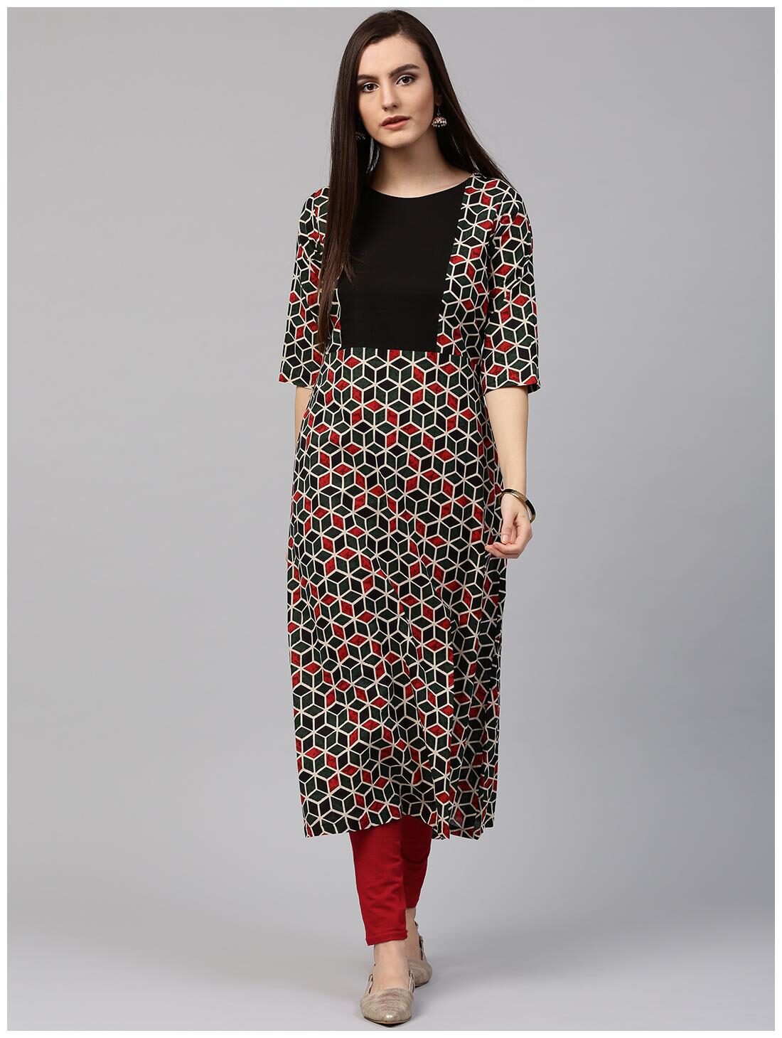 

Nayo Green Printed 3 4th Sleeve Cotton A-Line Kurta