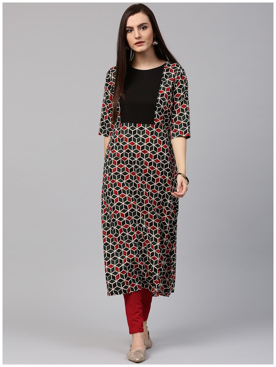 

Nayo Green Printed 3 4th Sleeve Cotton A-Line Kurta
