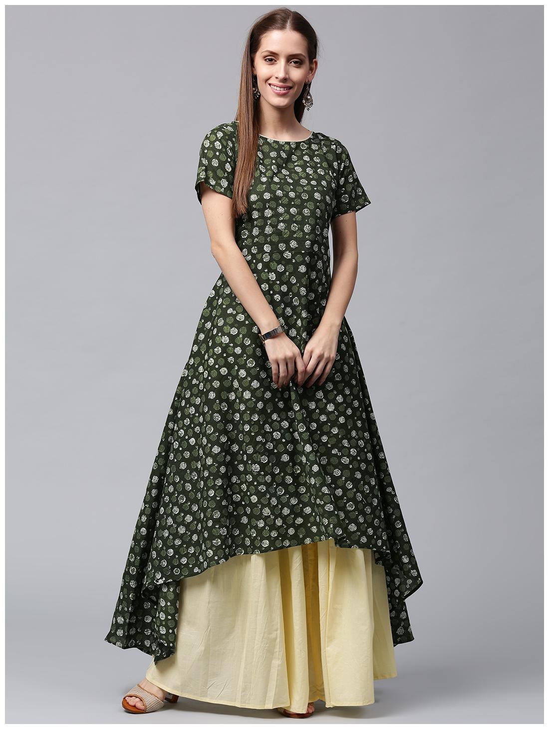 

Nayo Green Printed Half Sleeve Cotton Low High A-Line Kurta With Off White Palazzo
