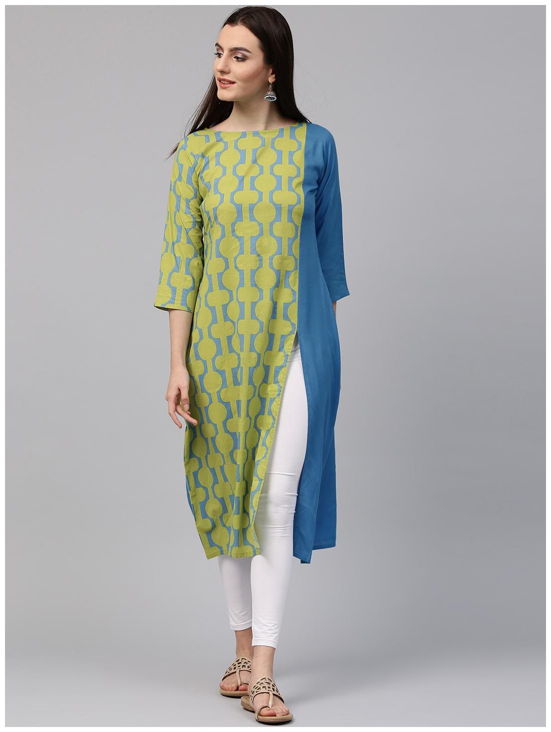 

Nayo Green Printed 3 Th Sleeve Cotton Kurta
