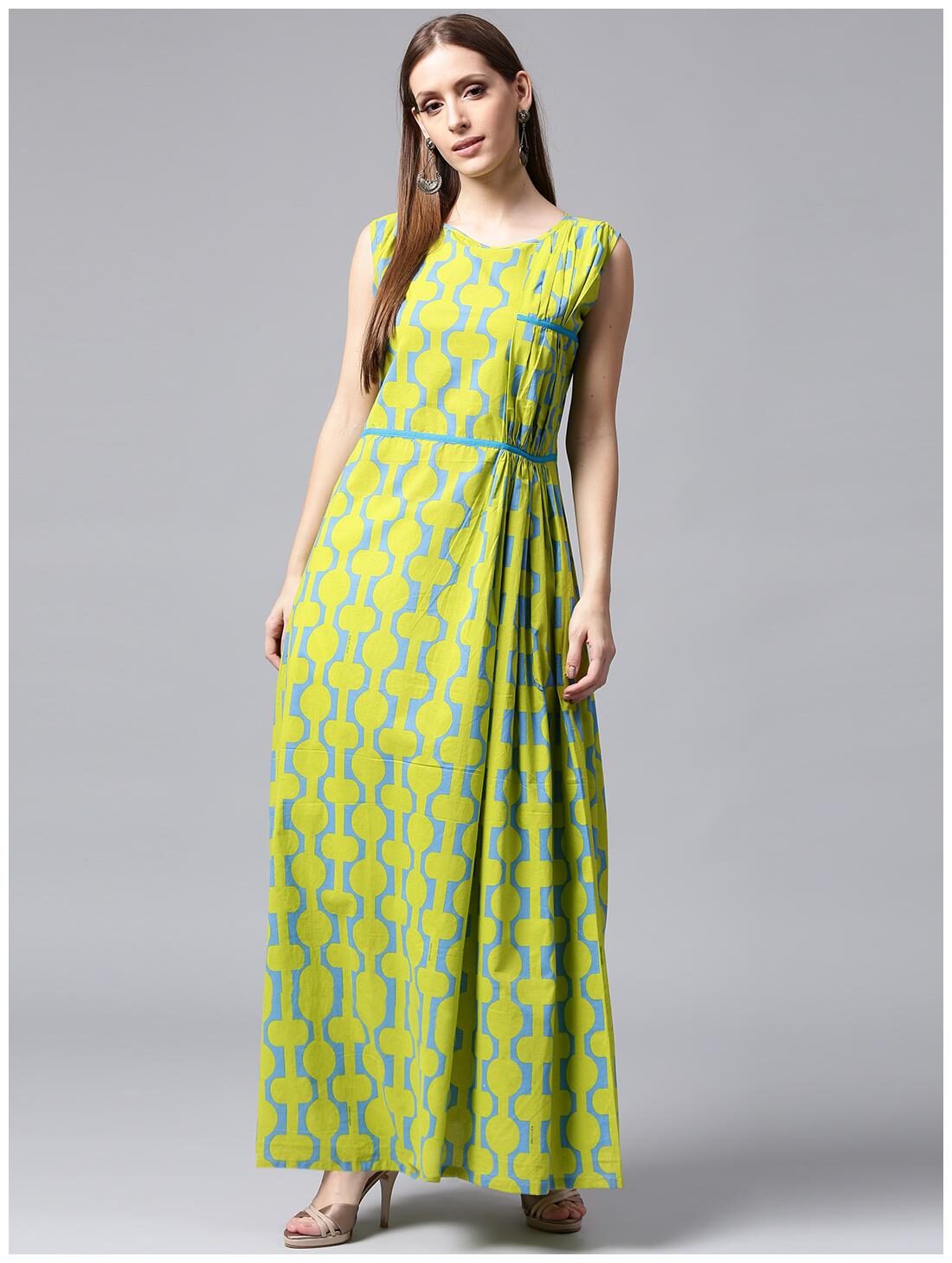 

Nayo Green Printed Sleeveless Cotton A-Line Kurta