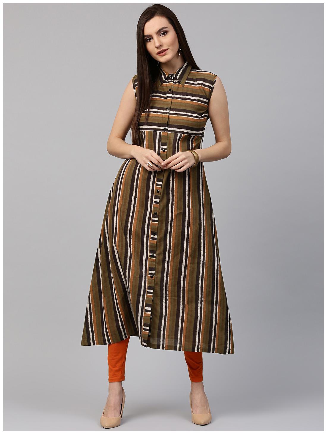 

Nayo Green Printed Sleeveless Cotton A-Line Kurta