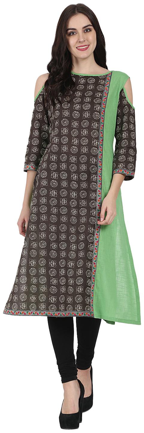 

Nayo Green Printed 3 4th Sleeve Cotton A-Line Kurta