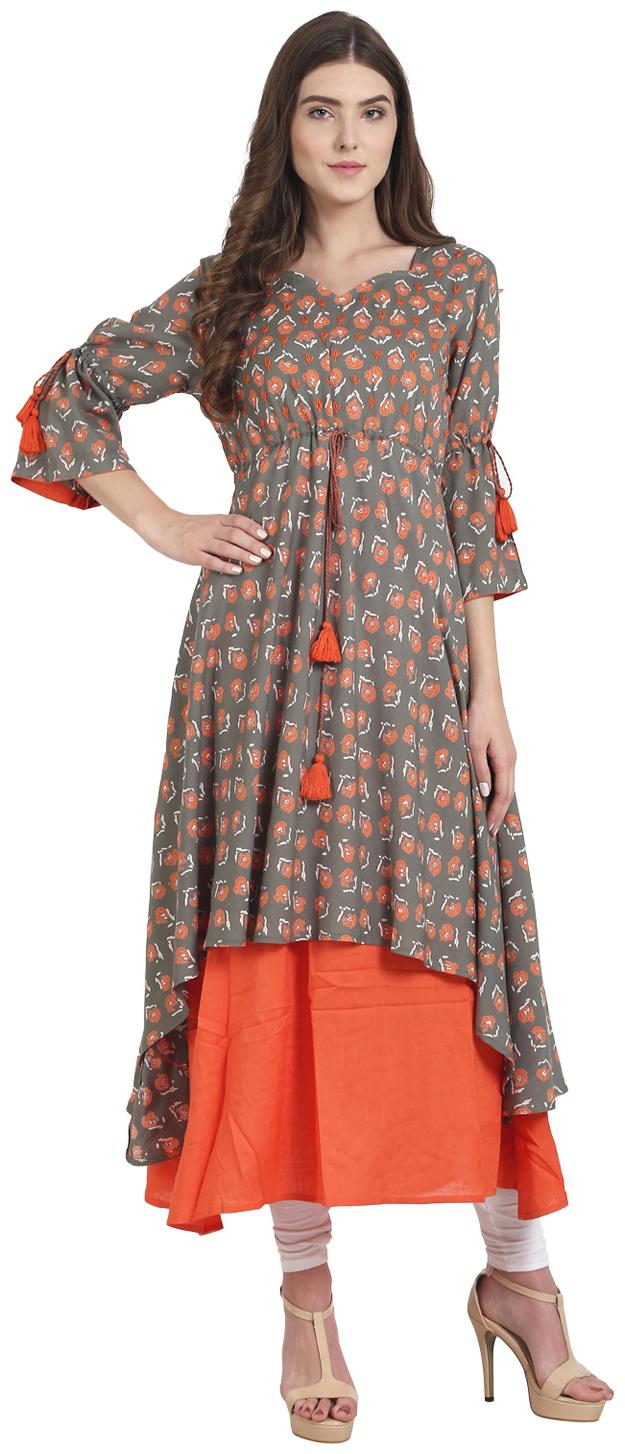 

Nayo Grey And Orange Printed 3 4Th Sleeve Rayon Double Layer A-Line Kurta
