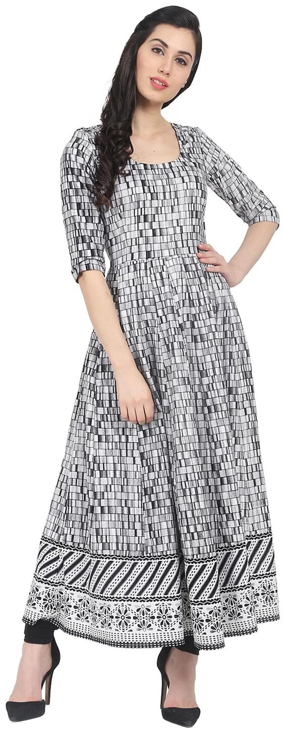 

Nayo Grey Check Printed 3 4th Sleeve Cotton Maxi Kurti Dress