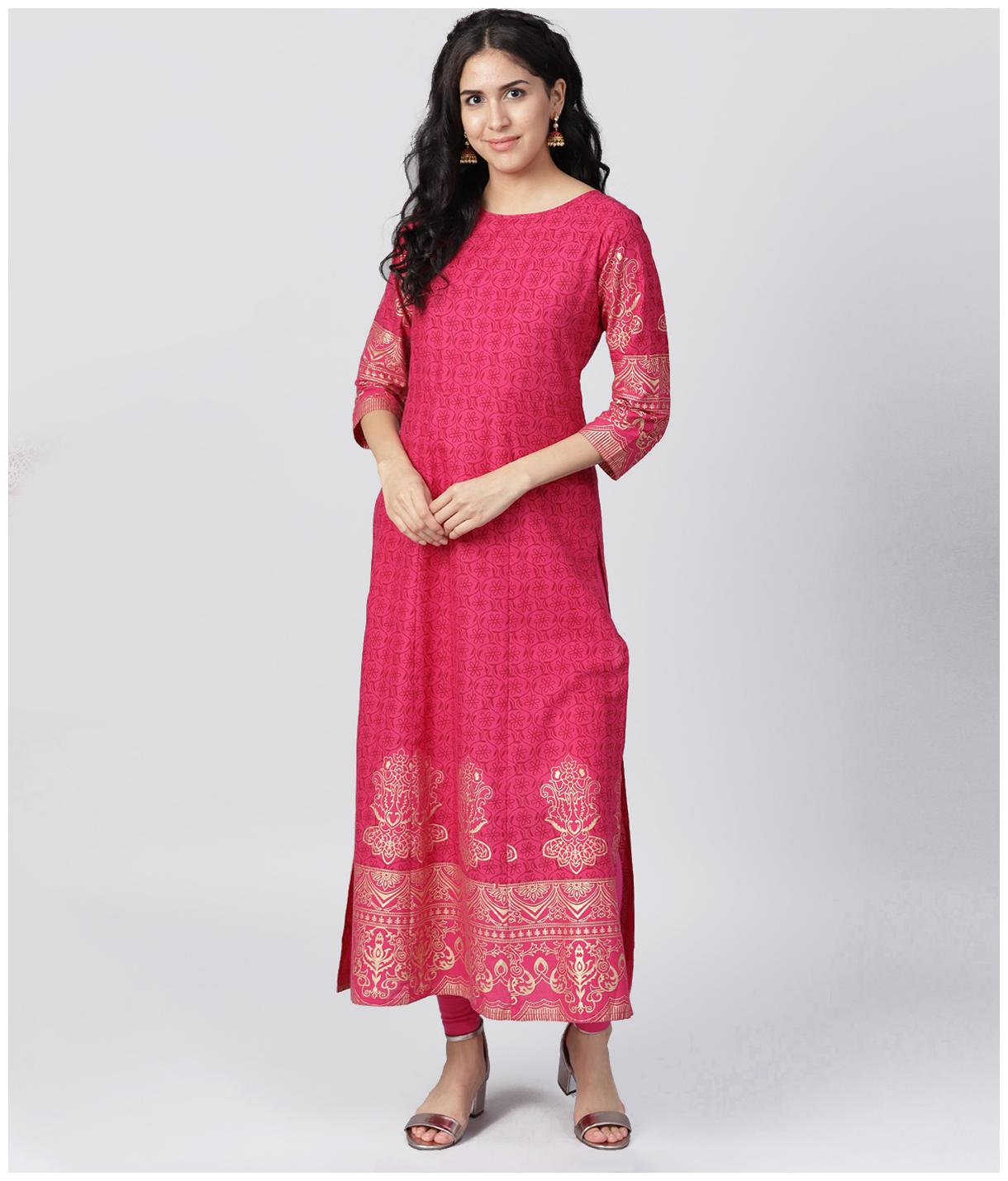 

Nayo Maroon Printed 3 4Th Sleeve Cotton A-Line Kurta