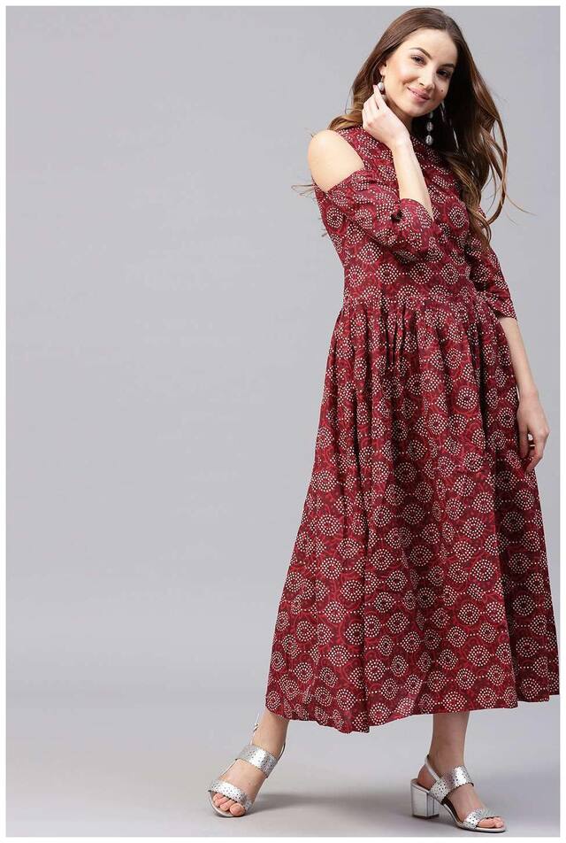 Nayo Maroon Printed 3/4Th Sleeve Cotton Flared Maxi Kurti Dress
