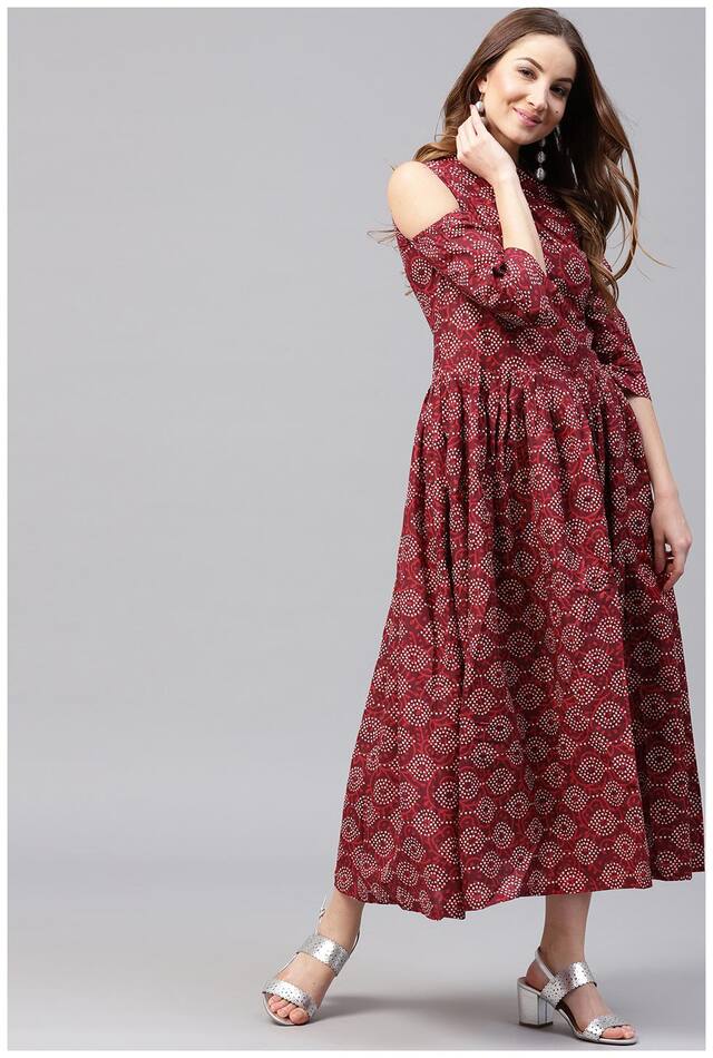 Nayo Maroon Printed 3/4Th Sleeve Cotton Flared Maxi Kurti Dress