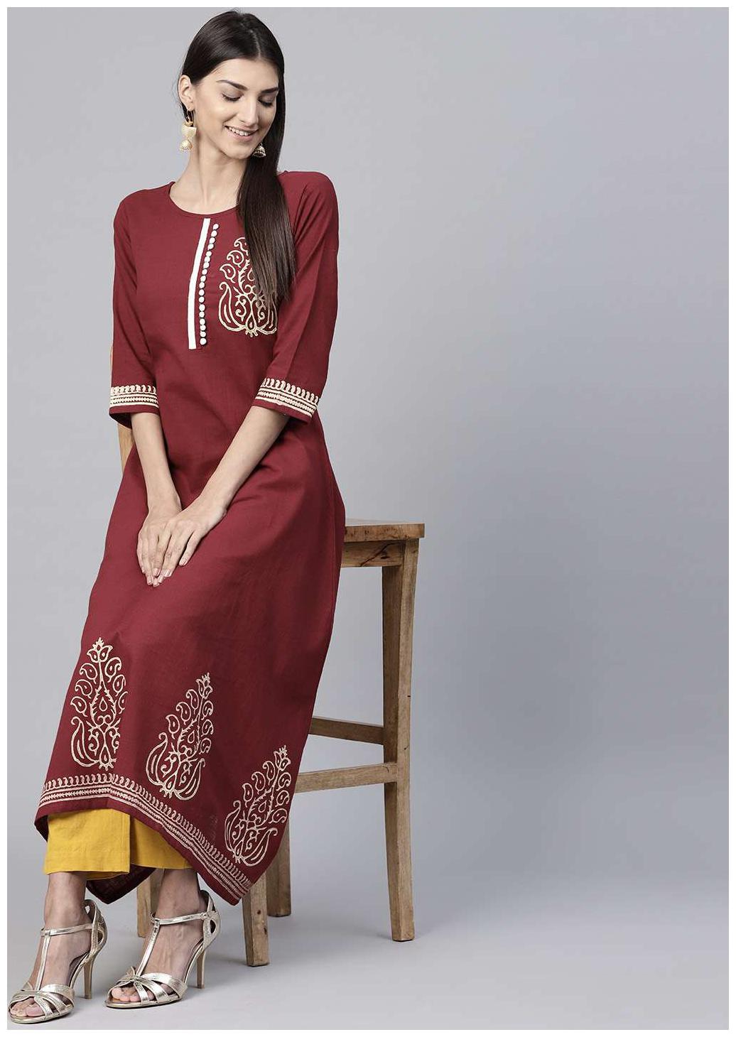

Nayo Maroon 3 4Th Sleeve Cotton A-Line Kurta With Block Printed In Yoke Border