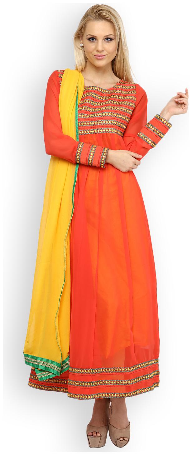 

Nayo Multi Color Mirror Work Embroidered Peach Anarkali With Yellow Dupatta