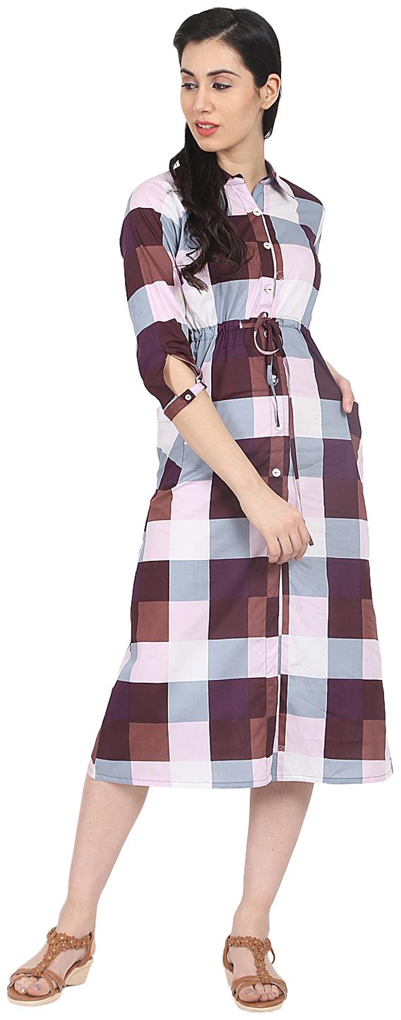 

Nayo Multi Long Check 3 4th Sleeve Cotton Kurti Dress With Double Pocket