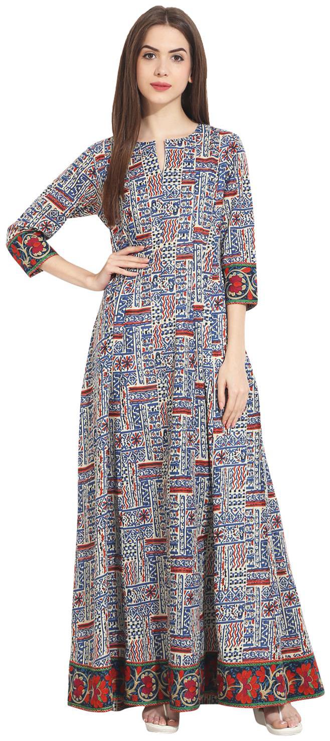 

Nayo Multi Printed 3 4Th Sleeve Ankle Length Cotton Kurta