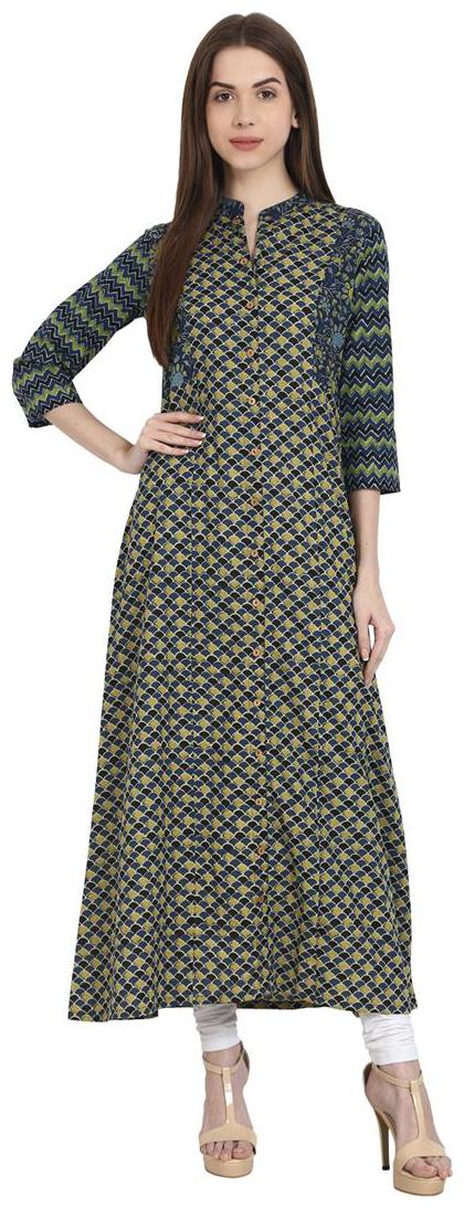 

Nayo Multi Printed 3 4 Sleeve Cotton Front Open A-Line Kurta