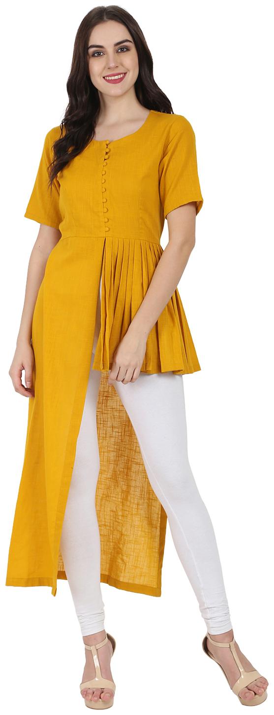 

Nayo Mustard Half Sleeve Cotton Slub Assymetric Kurta