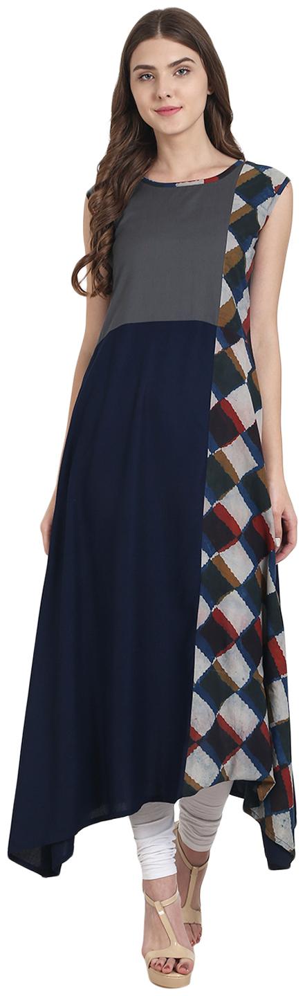 

Nayo Navy Blue Printed Sleeveless Cotton A-Line Kurta