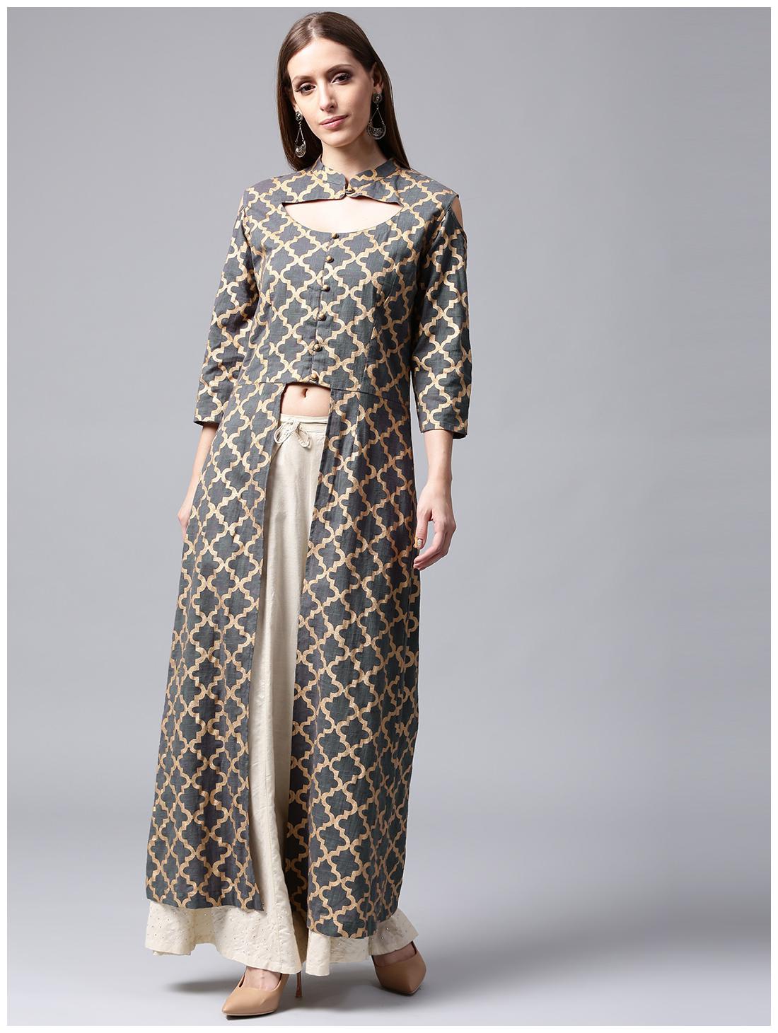

Nayo Navy Blue Printed Sleeveless Cotton Front Slit Kurta