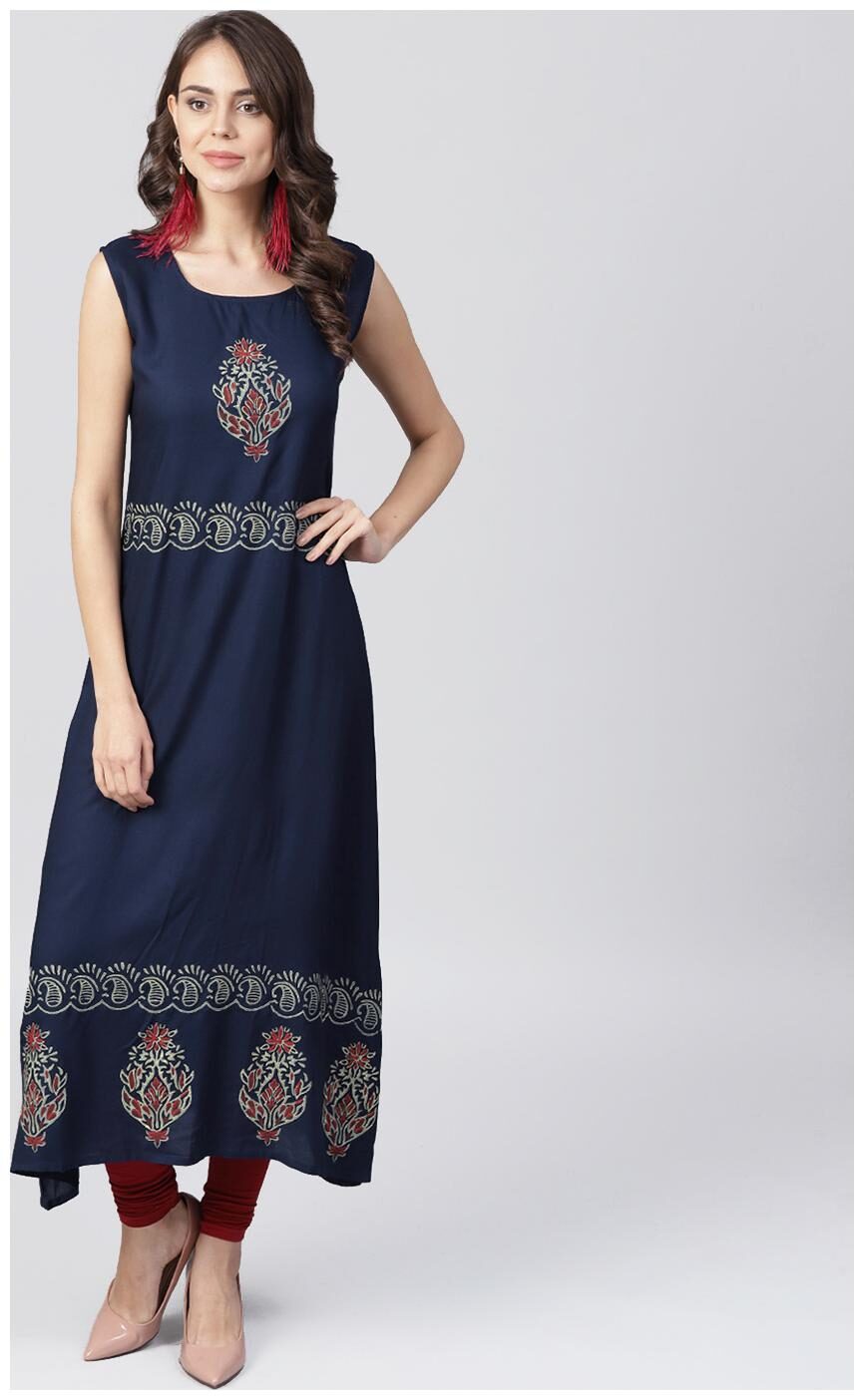 

Nayo Navy Blue Block Printed Sleeveless Rayon A-Line Kurta