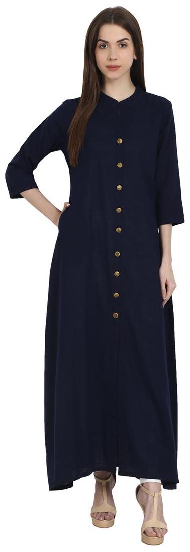 

Nayo Navy Blue 3 4 Sleeve Front Open Cotton Slub A-Line Kurta