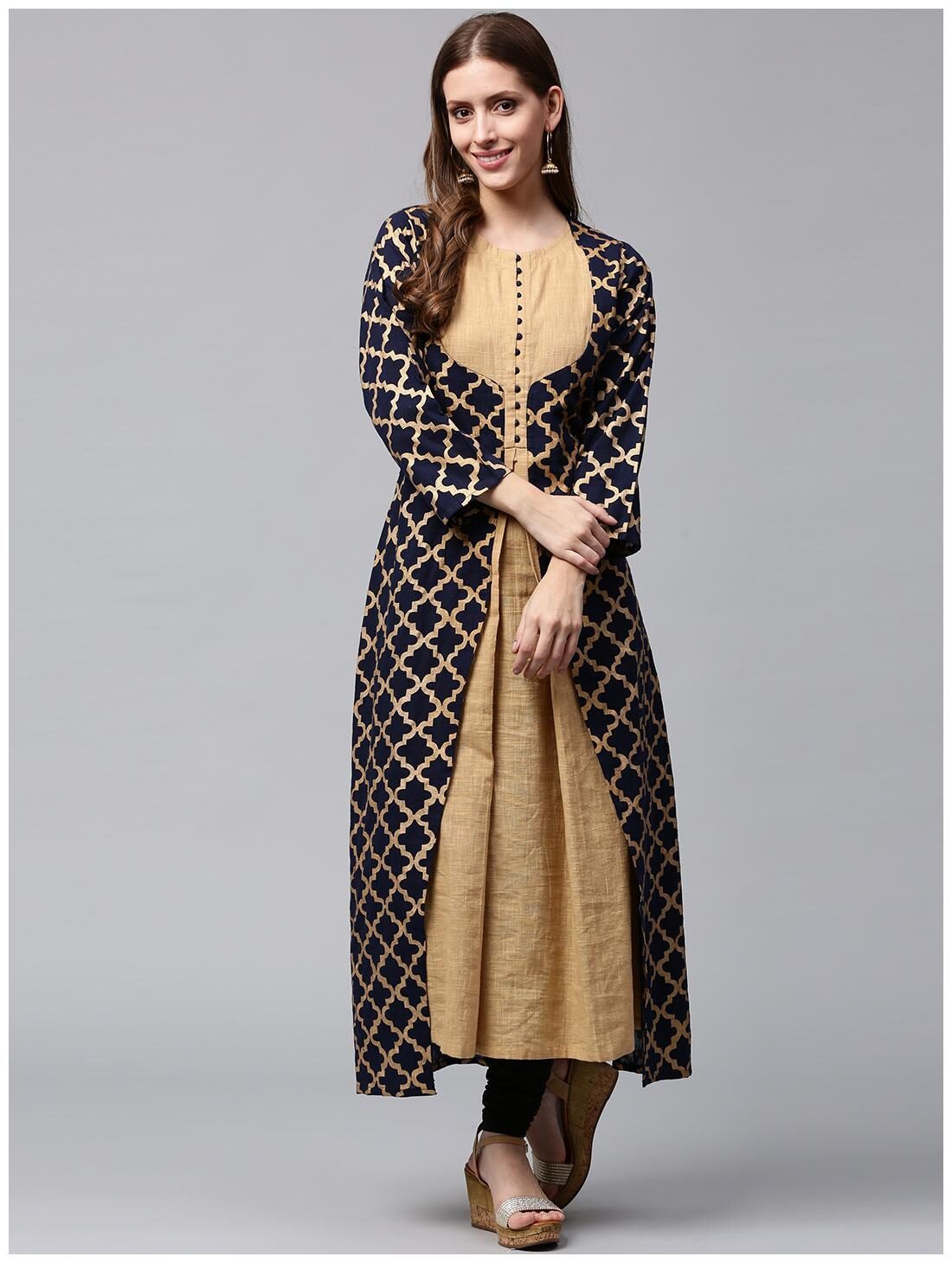 

Nayo Navy Blue Printed Full Sleeve Cotton Double Layer Anarkali Kurta