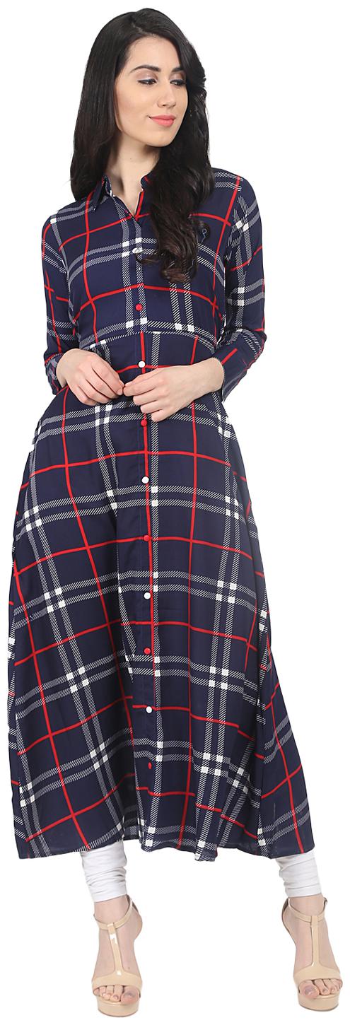 

Nayo Navy Blue Check Printed 3 4th Sleeve Crepe A-Line Kurta