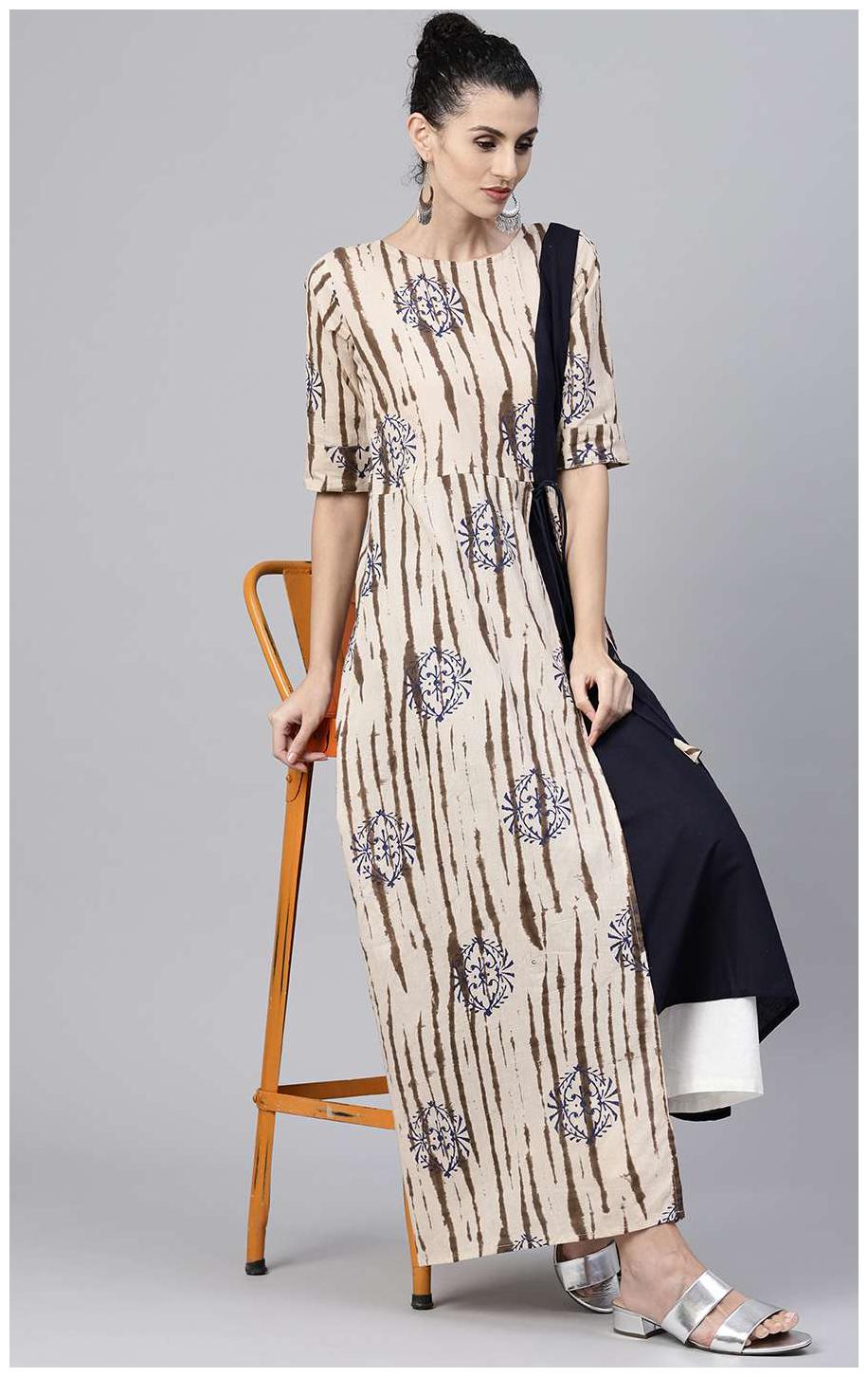 

Nayo Nude Printed Half Sleeve Cotton Front Slit Floor Length Double Layer Kurta
