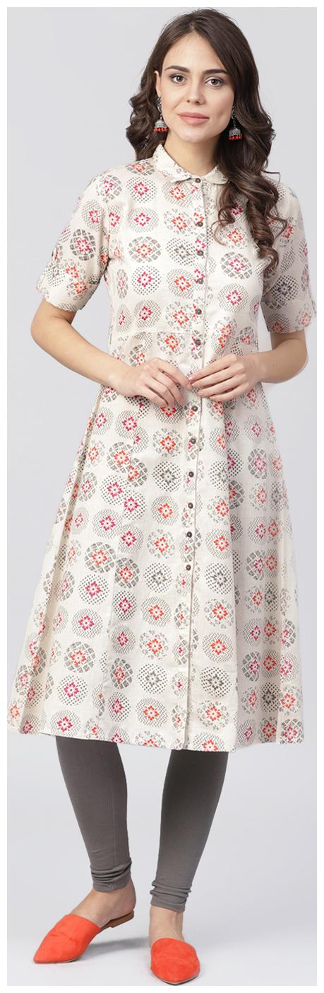 

Nayo Off White Printed Half Sleeve Front Open Flex A-Line Kurta
