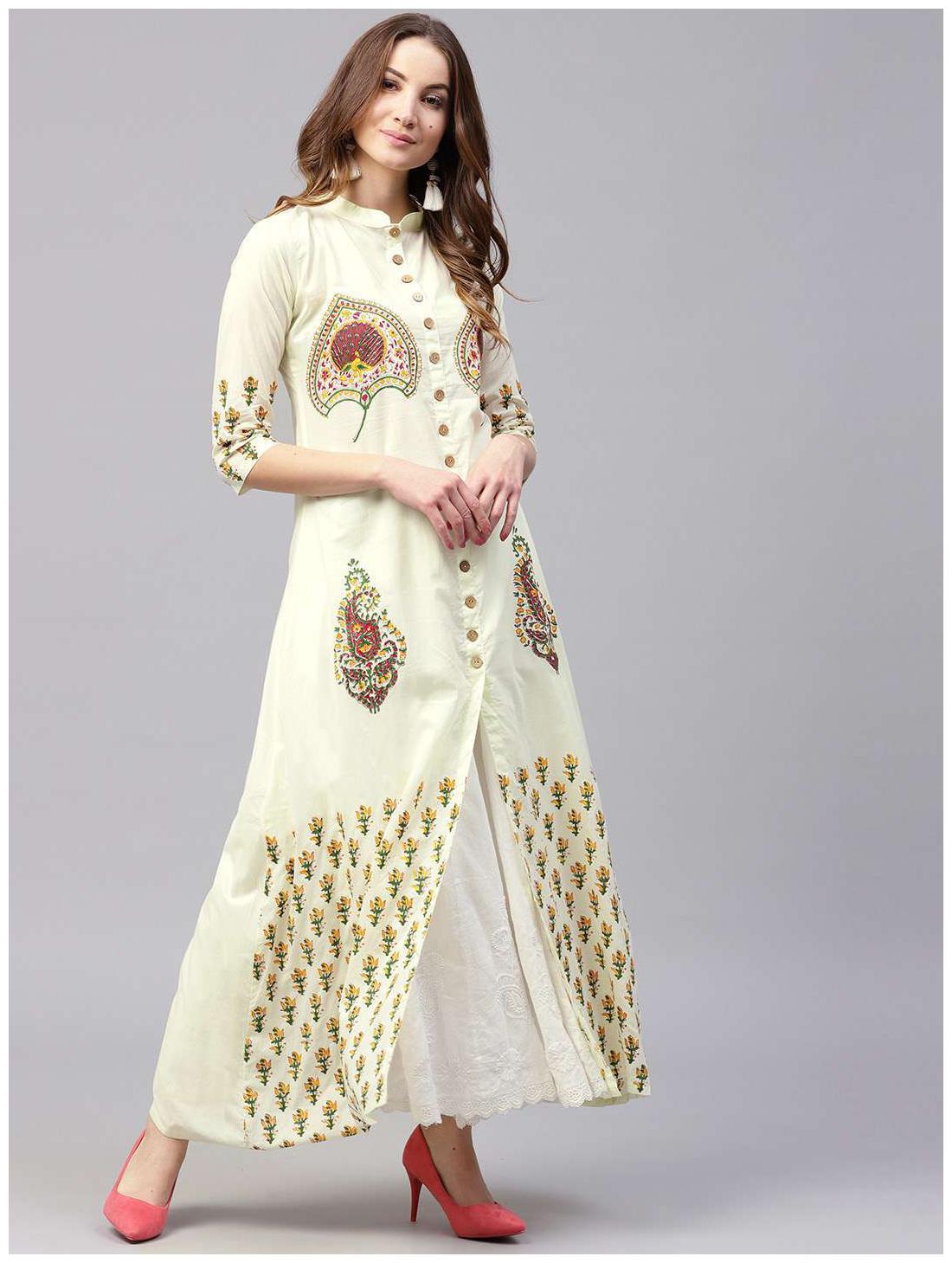

Nayo Off White Printed 3 4Th Sleeve Long Cotton Kurta
