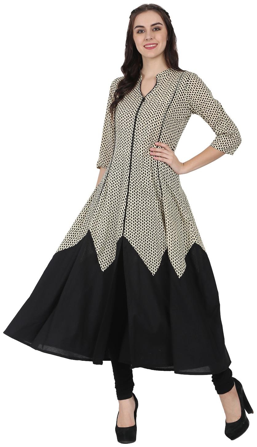 

Nayo Off White Black 3 4th Sleeve Cotton A-Line Kurta