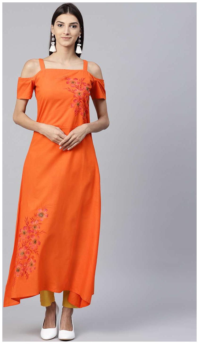 

Nayo Orange Short Sleeve Cotton A-Line Kurta With Block Printed In Yoke Border