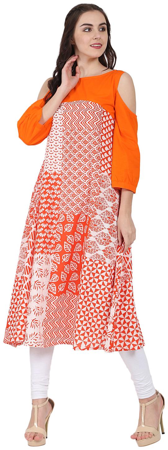 

Nayo Orange Printed 3 4th Sleeve Cold Shoulder A-Line Kurta