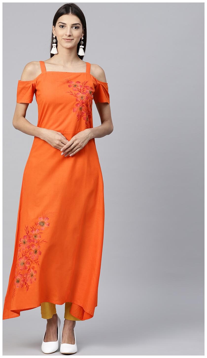 

Nayo Orange Short Sleeve Cotton A-Line Kurta With Block Printed In Yoke Border