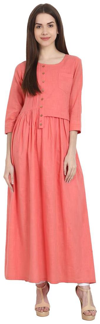 

Nayo Peach 3 4 Sleeve Cotton Slub A-Line Kurta
