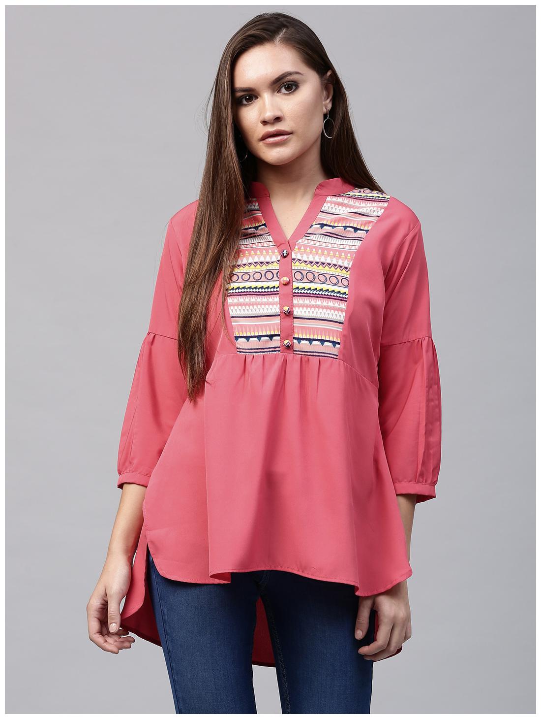 

Nayo Peach 3 4th Sleeve Crepe Low High Short Kurti With Printed Yoke
