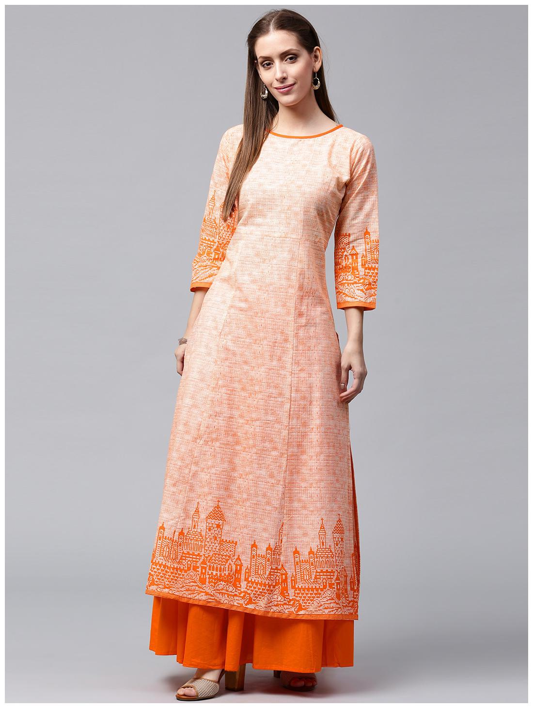 

Nayo Peach Printed 3 4th Sleeve Cotton A-Line Kurta With Orange Skirt