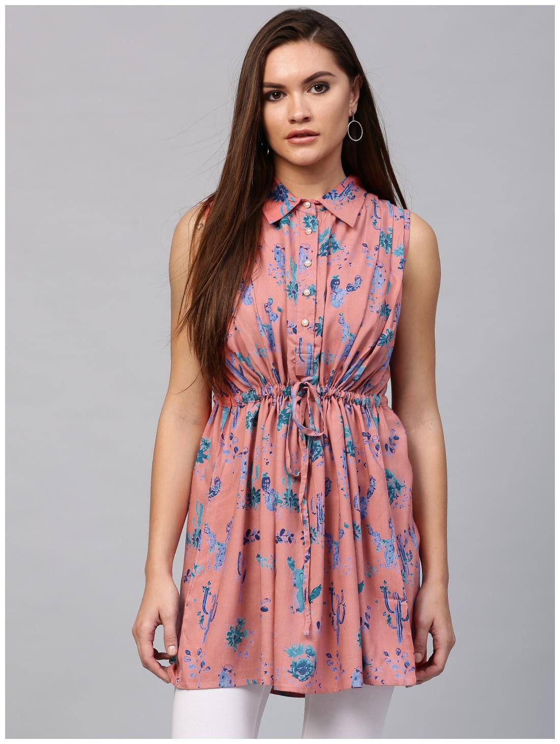 

Nayo Peach Printed Sleeveless Rayon A-Line Short Kurti