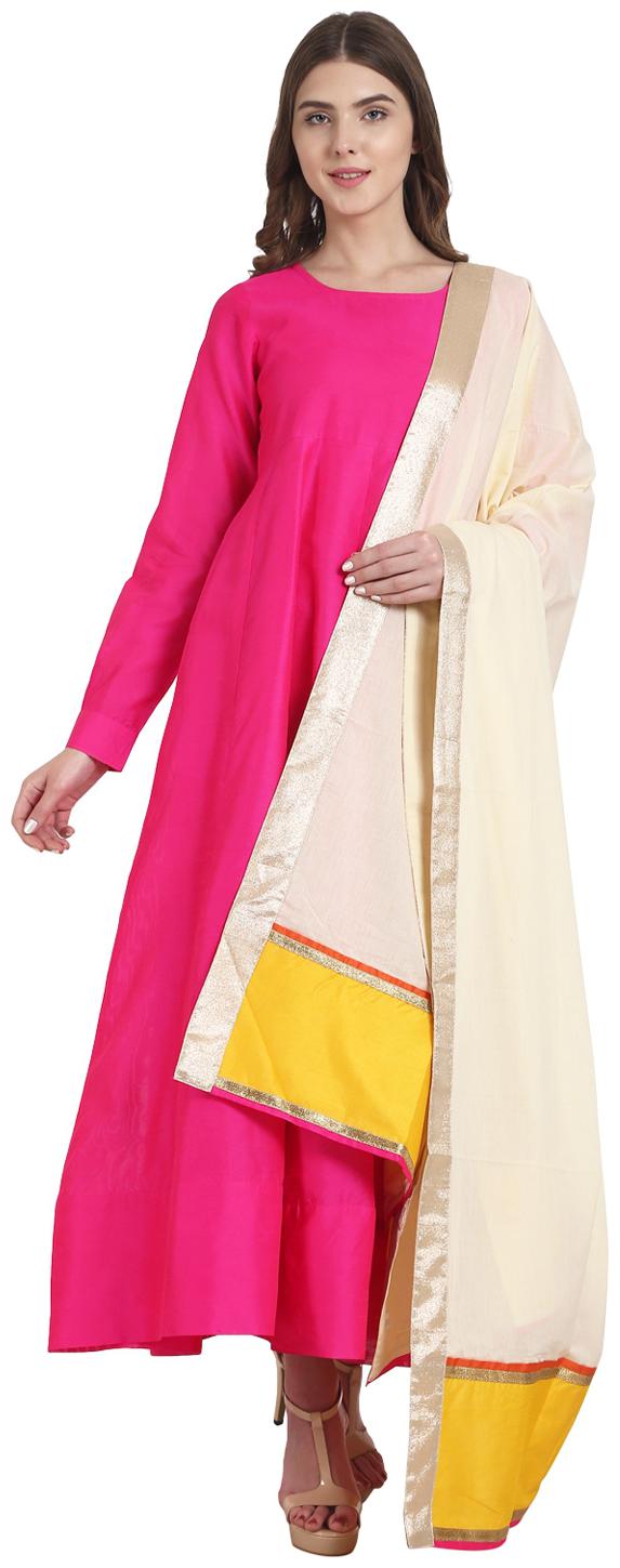 

Nayo Pink Dupion Full Sleeve Anarkali Kurta With Off White Cotton Dupatta