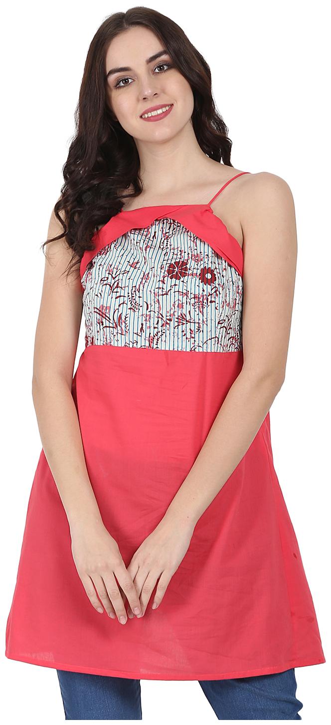 

Nayo Pink Shoulder Strap Cotton Yoke Printed Short Kurti