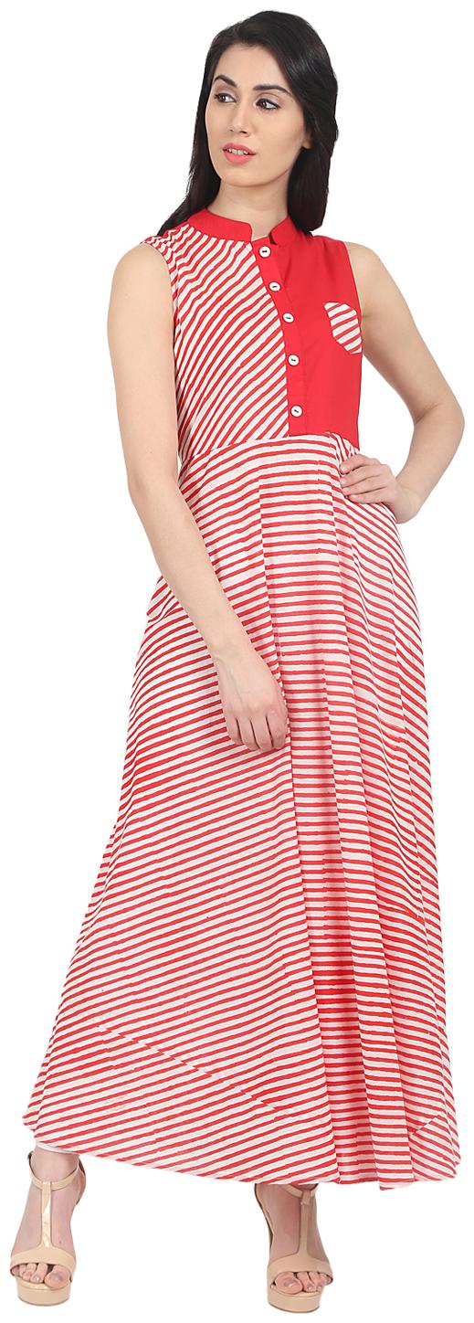 

Nayo Pink Stripes Printed Sleevless Maxi Kurti Dress